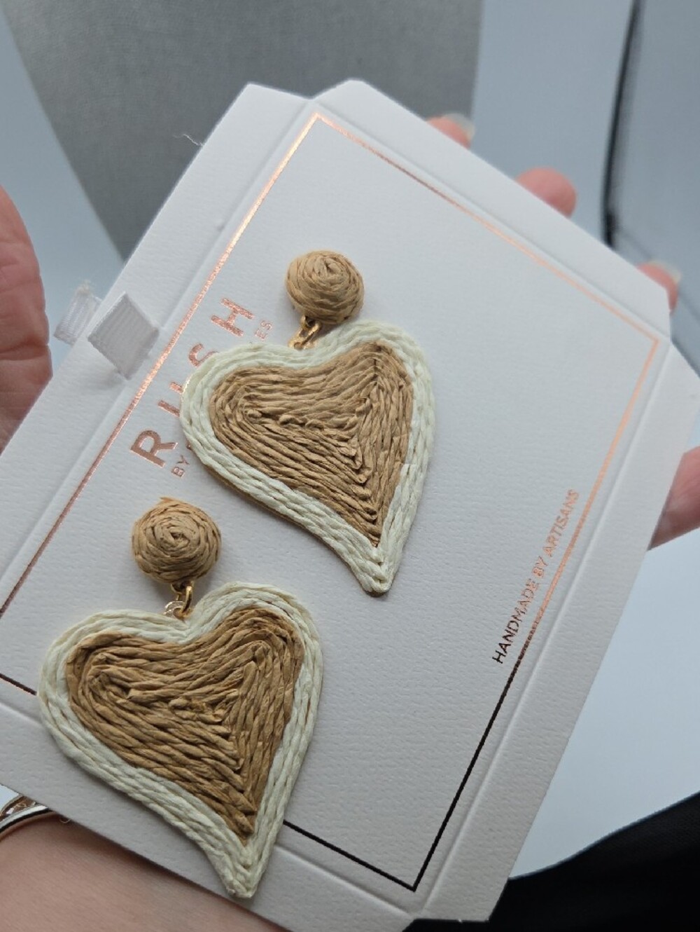 5 for $25! RUSH by Denis & Charles Heart Raffia Drop Earrings — Tan & Cream - Picture 3 of 5